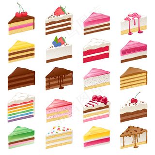 五颜六色的甜蛋糕片组插图。