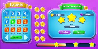 休闲卡通儿童游戏用户界面水平选择和水平完整的菜单弹出按钮和加载栏