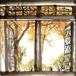 水墨画窗外的秋天