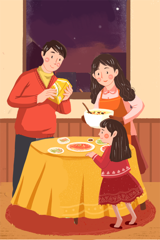 手绘全家一起吃团圆饭新年快乐元