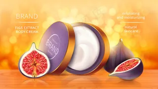 热带无花果化妆品现实矢量背景。打开罐子，里面装着化妆品护肤品，整个和切片的紫色无花果果实在明亮的橙色模糊背景上，带有金色的阳光散景