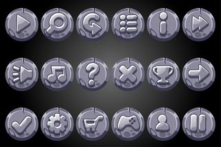 游戏图形用户界面的圆形旧石头按钮。