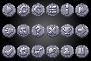 游戏图形用户界面的圆形旧石头按钮。