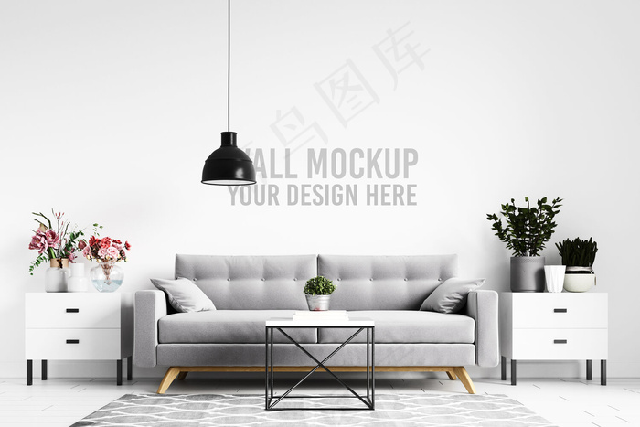 斯堪的纳维亚客厅室内壁纸背景实物模型样机