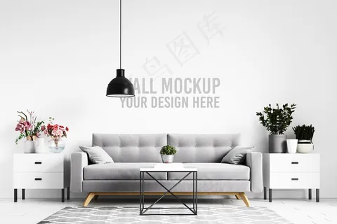 斯堪的纳维亚客厅室内壁纸背景实物模型样机