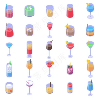 鸡尾酒图标集，等距风格