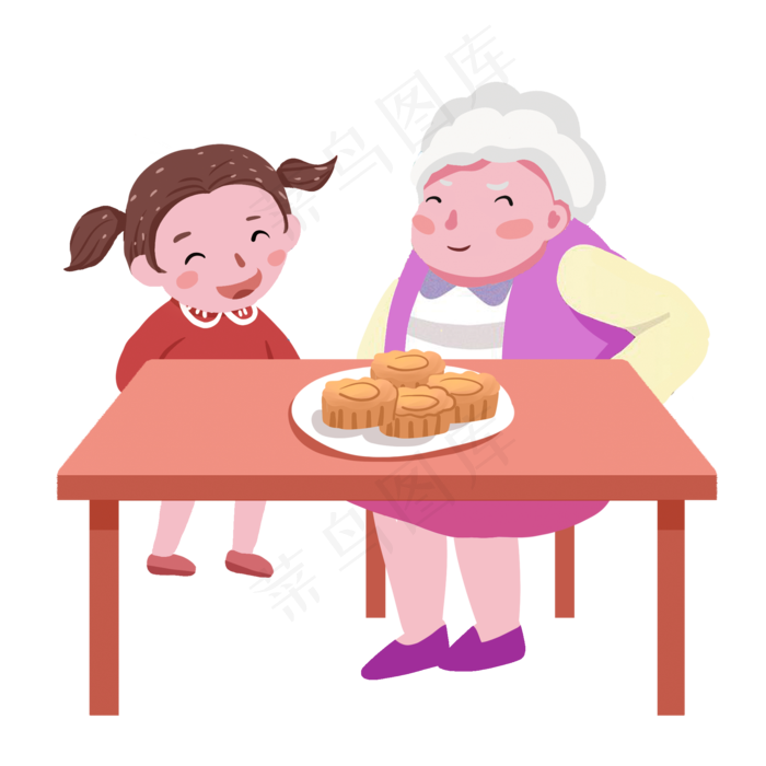 中秋节女孩和长辈团圆吃月饼PNG