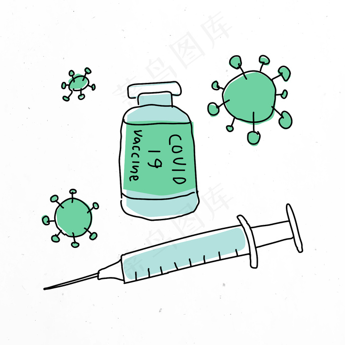 用于临床试验的带针涂鸦的 Covid 19 疫苗载体涂鸦插图瓶