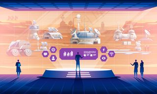 火星殖民。太空基地内部可以看到火星定居点。