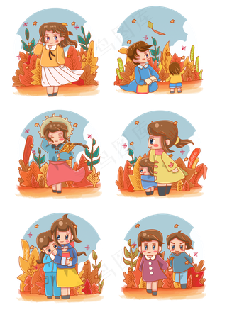 二十四节气秋分小男生小女生稻穗