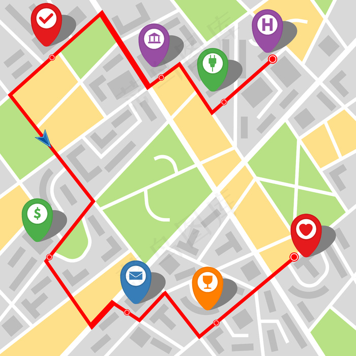 具有多站路线的虚构城市的城市地图。矢量图。