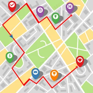 具有多站路线的虚构城市的城市地图。矢量图。