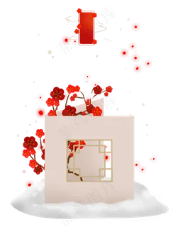 新年雪地上的中式贺卡和梅花