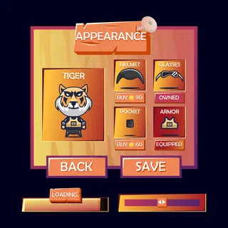 自定义字符外观菜单弹出窗口和加载与旧木制游戏ui工具包风格的酒吧