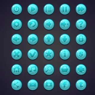 电脑游戏和网页设计用户界面的一组蓝色圆形按钮