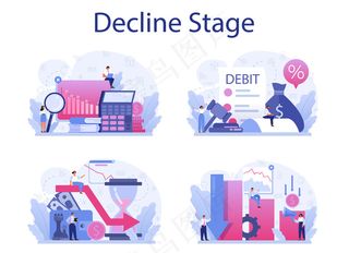 衰退阶段概念集。金融危机，图表下降，收入下降。银行的概念和商业风险。金钱损失。