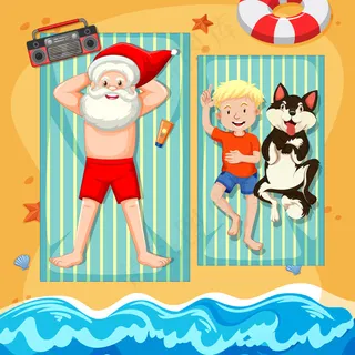 圣诞老人在沙滩上享受夏日的阳光浴