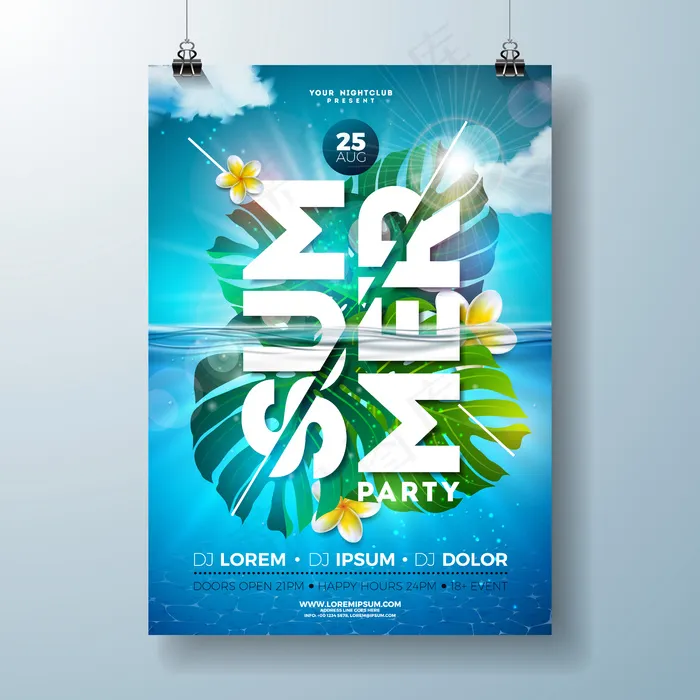 夏季聚会宣传单,DM传单设计模板与热带棕榈叶和花eps,ai矢量模版下载