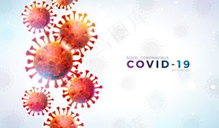 科维德-19。冠状病毒爆发设计与下降病毒细胞和印刷字母在轻背景。载体2019 ncov冠状病毒展示危险的非典流行主题旗帜banner。