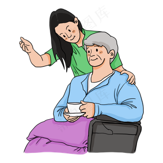 重阳节女儿和坐在轮椅上的老母亲