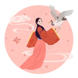 仙鹤祥云唯美汉服古装美女PNG