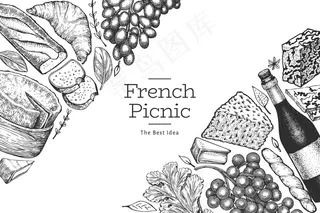 法国食品模板设计。手绘矢量野餐插图。雕刻风格不同的小吃和葡萄酒横幅banner。复古食品背景。