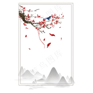 冬天腊梅红色雀上枝头丝带方形边