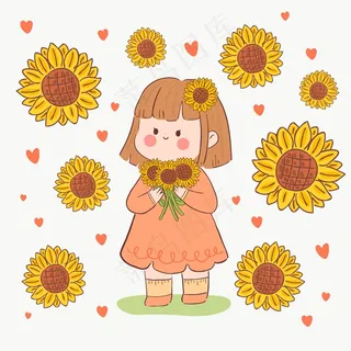 手拿向日葵的Kawaii女孩