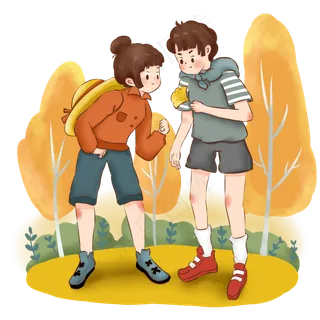 秋天情侣男孩女孩观察枫叶