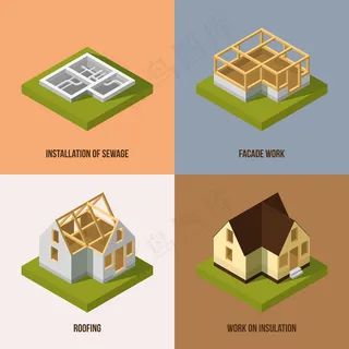 不同的施工阶段。等轴测矢量图