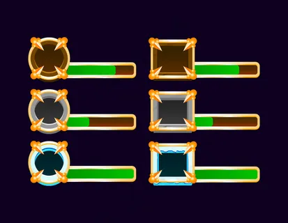 一套gui木制、石头、冰中世纪指示杆，带金色边框，用于游戏ui资产元素