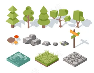 平淡的自然元素。树木和灌木，岩石和水，草和蘑菇，景观设计。矢量图解