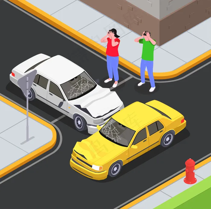 保险等距构图，包括道路交叉口室外景观和具有震惊驾驶员特征的汽车碰撞eps,ai矢量模版下载