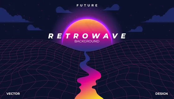 Retrowave赛博霓虹背景景观80年代风格。