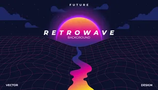 Retrowave赛博霓虹背景景观80年代风格。