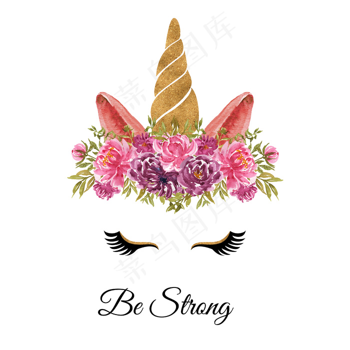 水彩画独角兽头，花环玫瑰粉色紫色