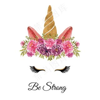 水彩画独角兽头，花环玫瑰粉色紫色