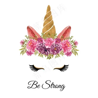 水彩画独角兽头，花环玫瑰粉色紫色