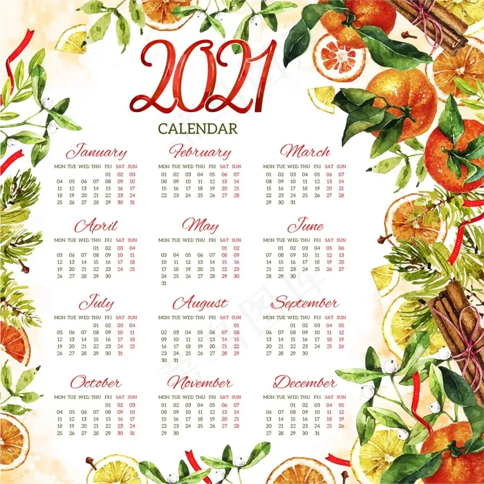 水彩2021年历新年eps,ai矢量模版下载