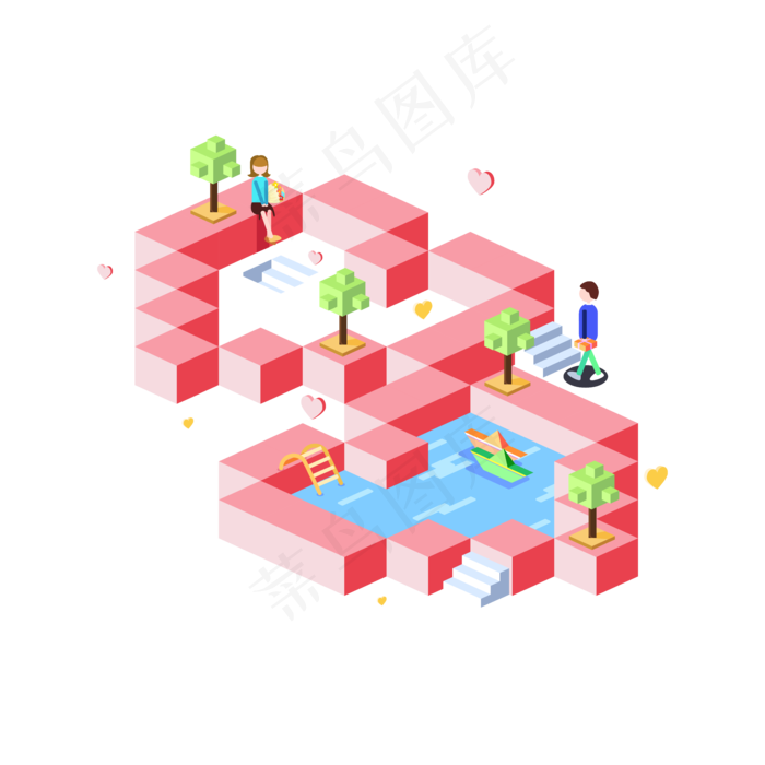 七夕情人节2.5D爱心矢量可商