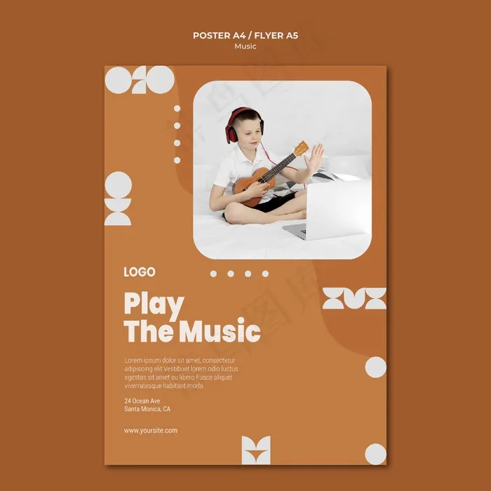 播放音乐男孩演奏四弦琴海报psd模版下载