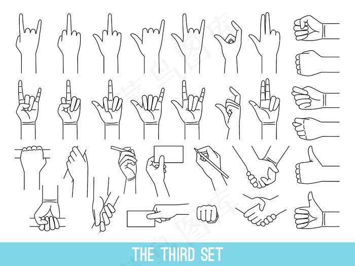 显示手势的手轮廓插图集。扶手，扶手，白色背景。