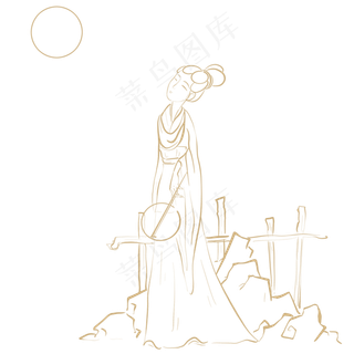 中秋节线条赏月古代少女