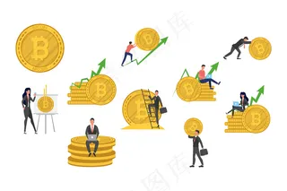 带有加密货币图标的商务人士比特币和箭头插图