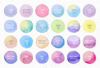 集合标签标签元素设置水彩画笔笔画圆形形状从一个手绘的白纸纹理背景。