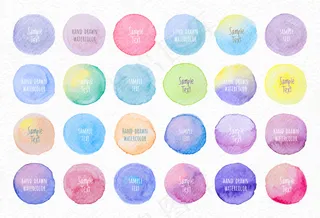 集合标签标签元素设置水彩画笔笔画圆形形状从一个手绘的白纸纹理背景。