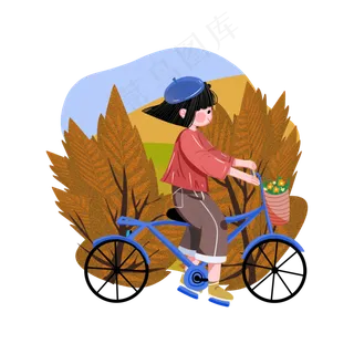 秋天橙色女生骑车出行采风png