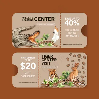 动物园门票设计与鳄鱼，豹子，兔子水彩画插图。