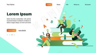 学习教科书的学生。坐在书堆上看书的女人。图书馆、书虫、书店概念的矢量插图