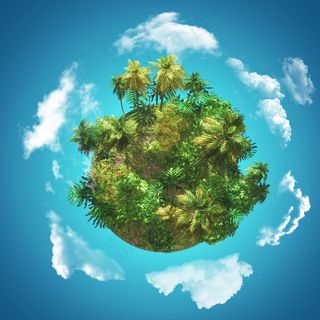 三维热带背景与手套棕榈树在蓝天与环绕云